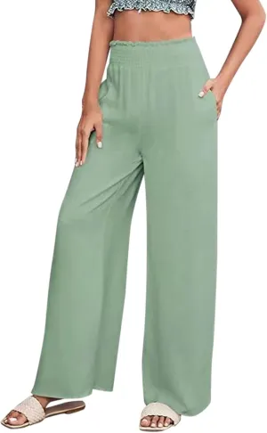 Women Linen Summer Pants Flowy Casual Wide Leg Beach Trousers Loose Elastic Waist Lounge Palazzo Pants with Pockets
