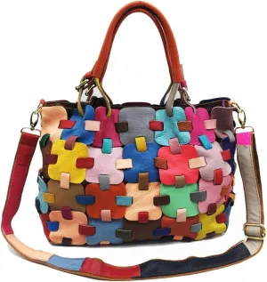 Women Multicolor Hobo Shoulder Bag Leather Random Colorful Splicing Tote Handbag