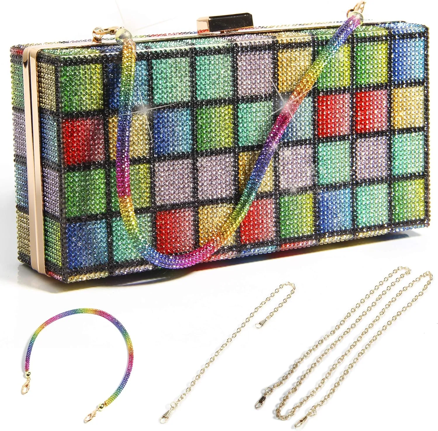 Women Rainbow Shine Clutch Purse, Rainbow Crystal Clutch Purses for Wedding Evening Party Handbag