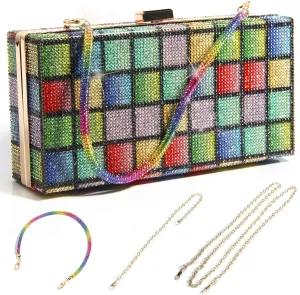 Women Rainbow Shine Clutch Purse, Rainbow Crystal Clutch Purses for Wedding Evening Party Handbag