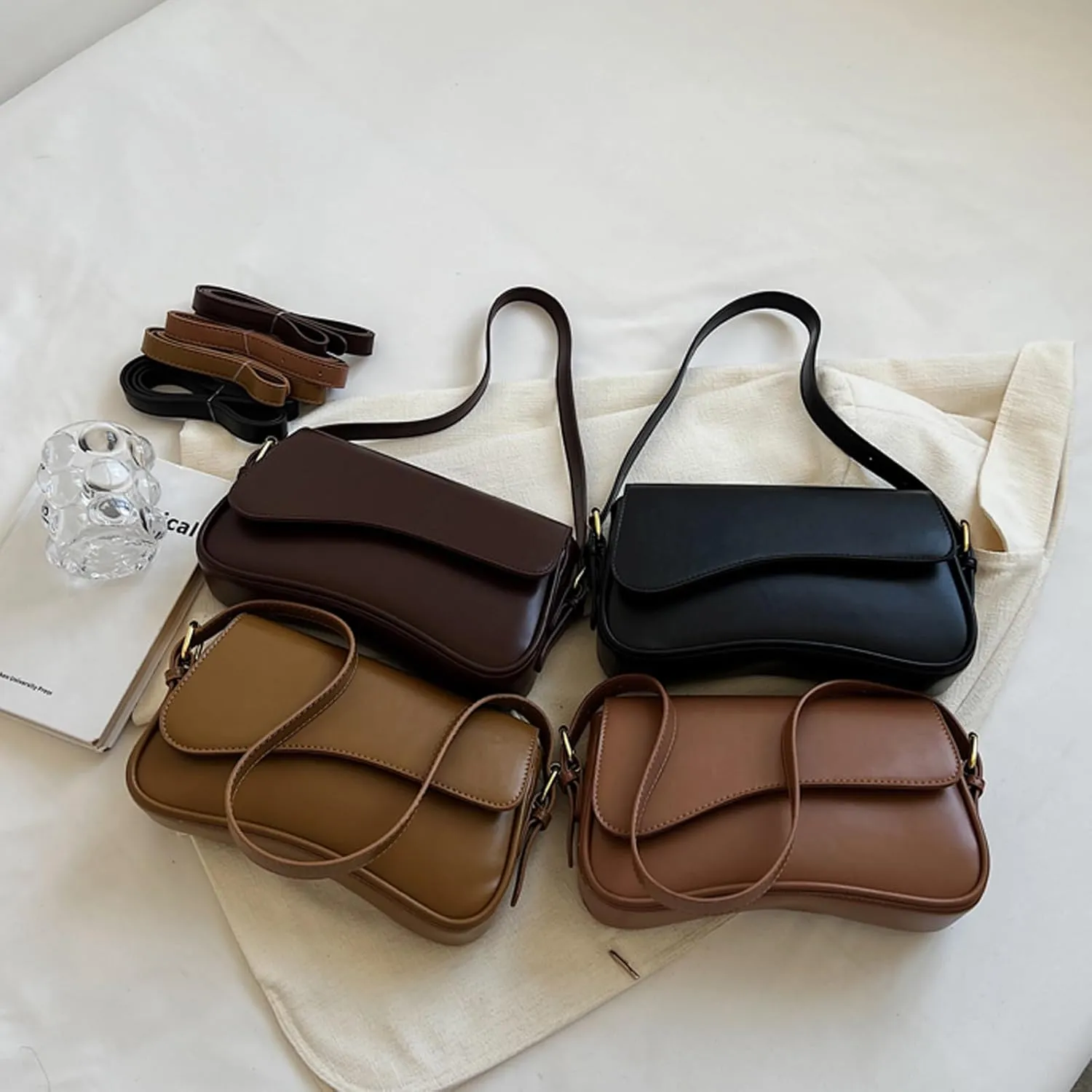 Women Saddle Shoulder Bag Y2K Trendy Vegan Leather Purse Retro Hobo Handbags Zipper Clutch with 2 Removable Strap