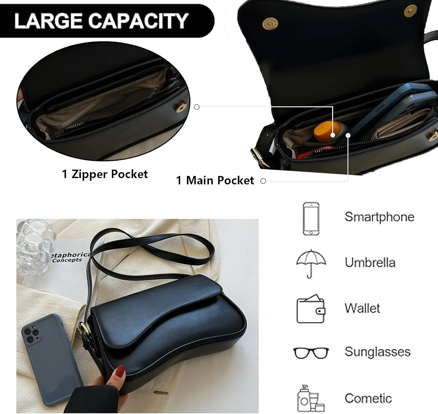 Women Saddle Shoulder Bag Y2K Trendy Vegan Leather Purse Retro Hobo Handbags Zipper Clutch with 2 Removable Strap