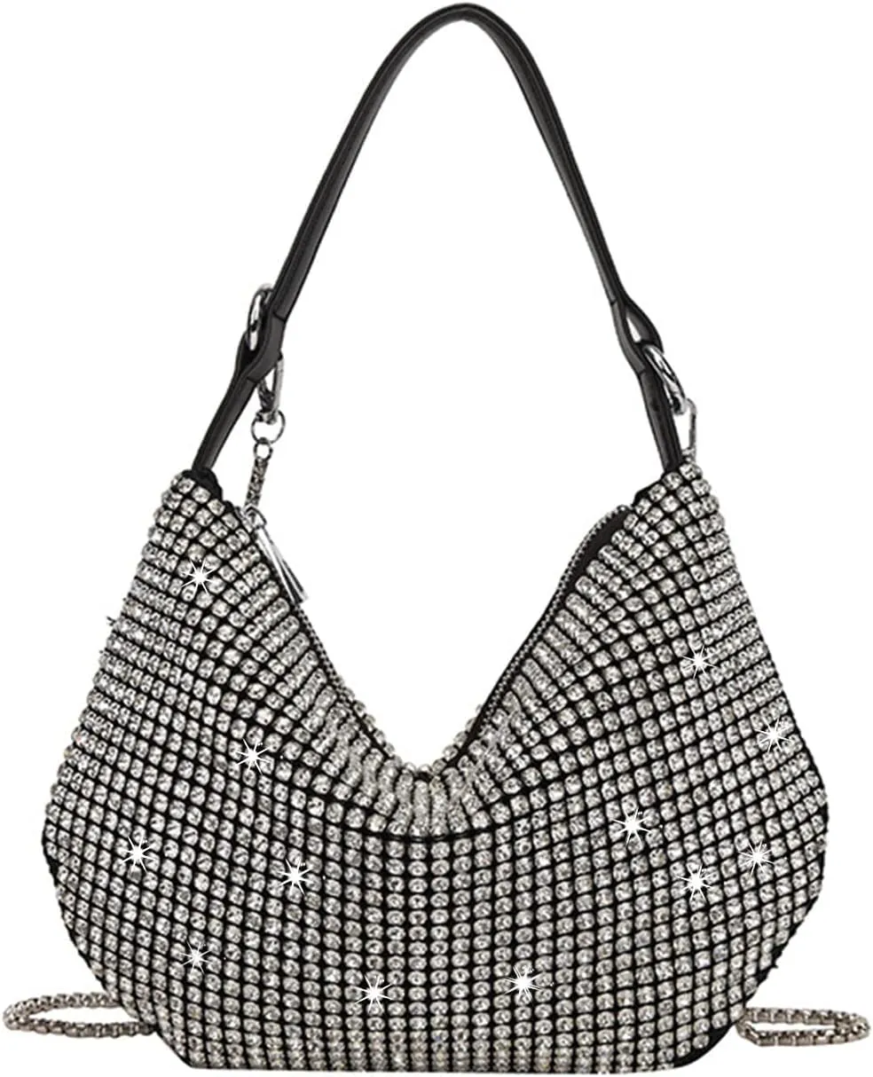 Women Sparkly Rhinestone Purse Tassel Crystal Diamond Crossbody Bag Silver Chain Clutch for Evening Prom Party