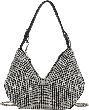 Women Sparkly Rhinestone Purse Tassel Crystal Diamond Crossbody Bag Silver Chain Clutch for Evening Prom Party