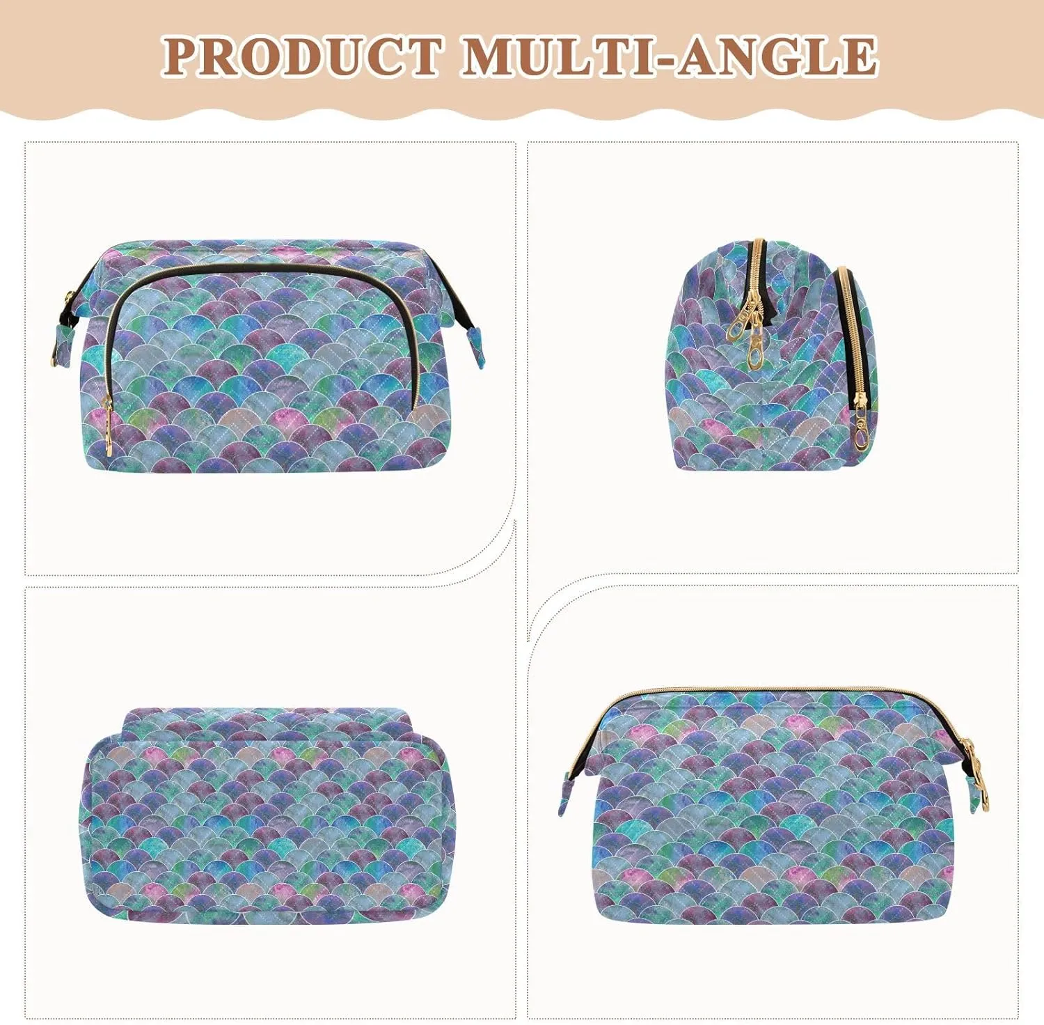 Women Wave Quilt Cosmetic Bag, Storage Pouch Handbag Makeup Case Zipper Toiletry Purse Holder Organizer 10.2x5.9x6.7 in Colorful Mermaid Tail Scales Ocean Wave Blue Green Teal purple