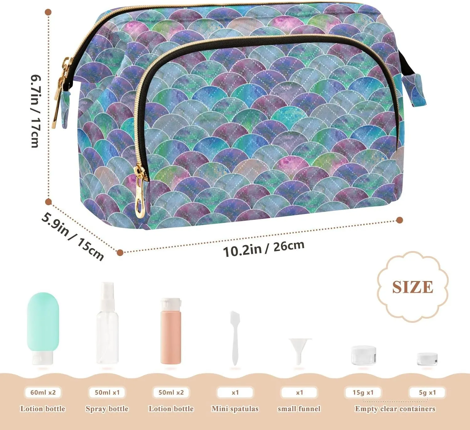 Women Wave Quilt Cosmetic Bag, Storage Pouch Handbag Makeup Case Zipper Toiletry Purse Holder Organizer 10.2x5.9x6.7 in Colorful Mermaid Tail Scales Ocean Wave Blue Green Teal purple