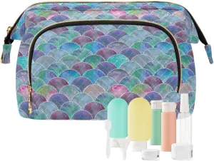 Women Wave Quilt Cosmetic Bag, Storage Pouch Handbag Makeup Case Zipper Toiletry Purse Holder Organizer 10.2x5.9x6.7 in Colorful Mermaid Tail Scales Ocean Wave Blue Green Teal purple
