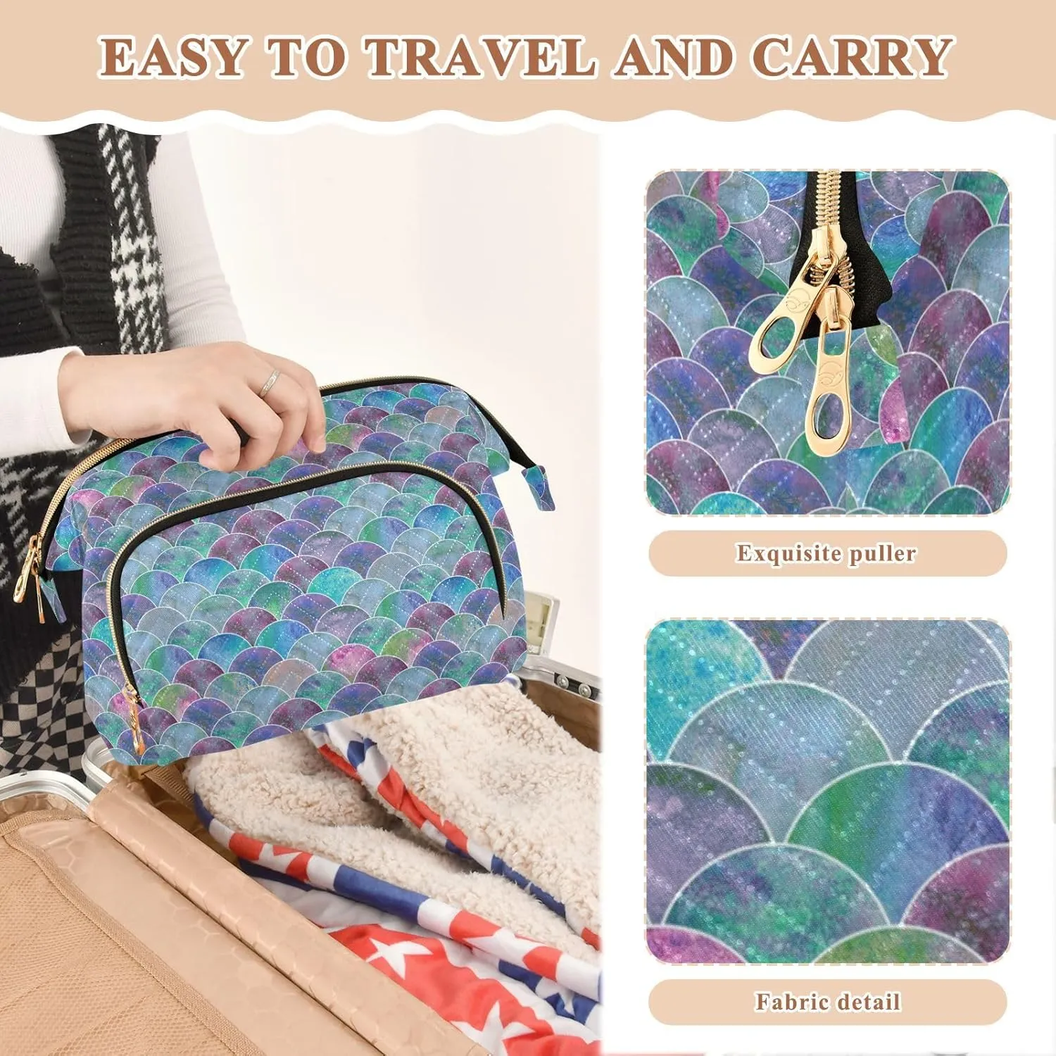 Women Wave Quilt Cosmetic Bag, Storage Pouch Handbag Makeup Case Zipper Toiletry Purse Holder Organizer 10.2x5.9x6.7 in Colorful Mermaid Tail Scales Ocean Wave Blue Green Teal purple