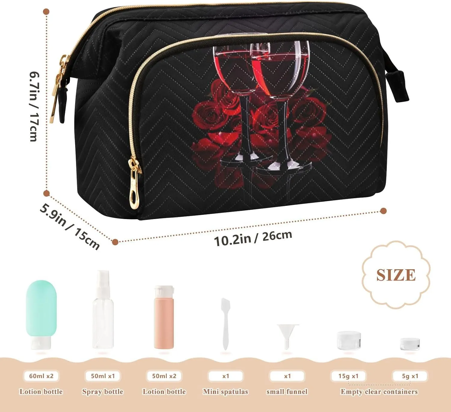Women Wave Quilt Cosmetic Bag, Storage Pouch Handbag Makeup Case Zipper Toiletry Purse Holder Organizer 10.2x5.9x6.7 in Two Glasses of Red Wine with Red Rose on Dark