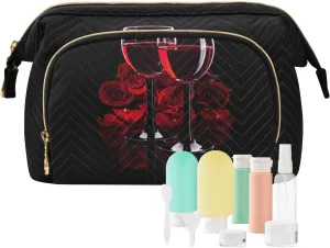 Women Wave Quilt Cosmetic Bag, Storage Pouch Handbag Makeup Case Zipper Toiletry Purse Holder Organizer 10.2x5.9x6.7 in Two Glasses of Red Wine with Red Rose on Dark