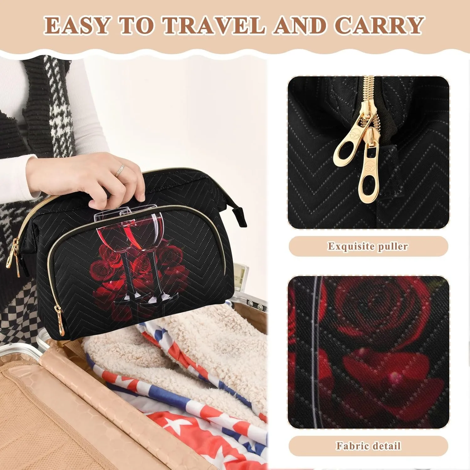 Women Wave Quilt Cosmetic Bag, Storage Pouch Handbag Makeup Case Zipper Toiletry Purse Holder Organizer 10.2x5.9x6.7 in Two Glasses of Red Wine with Red Rose on Dark