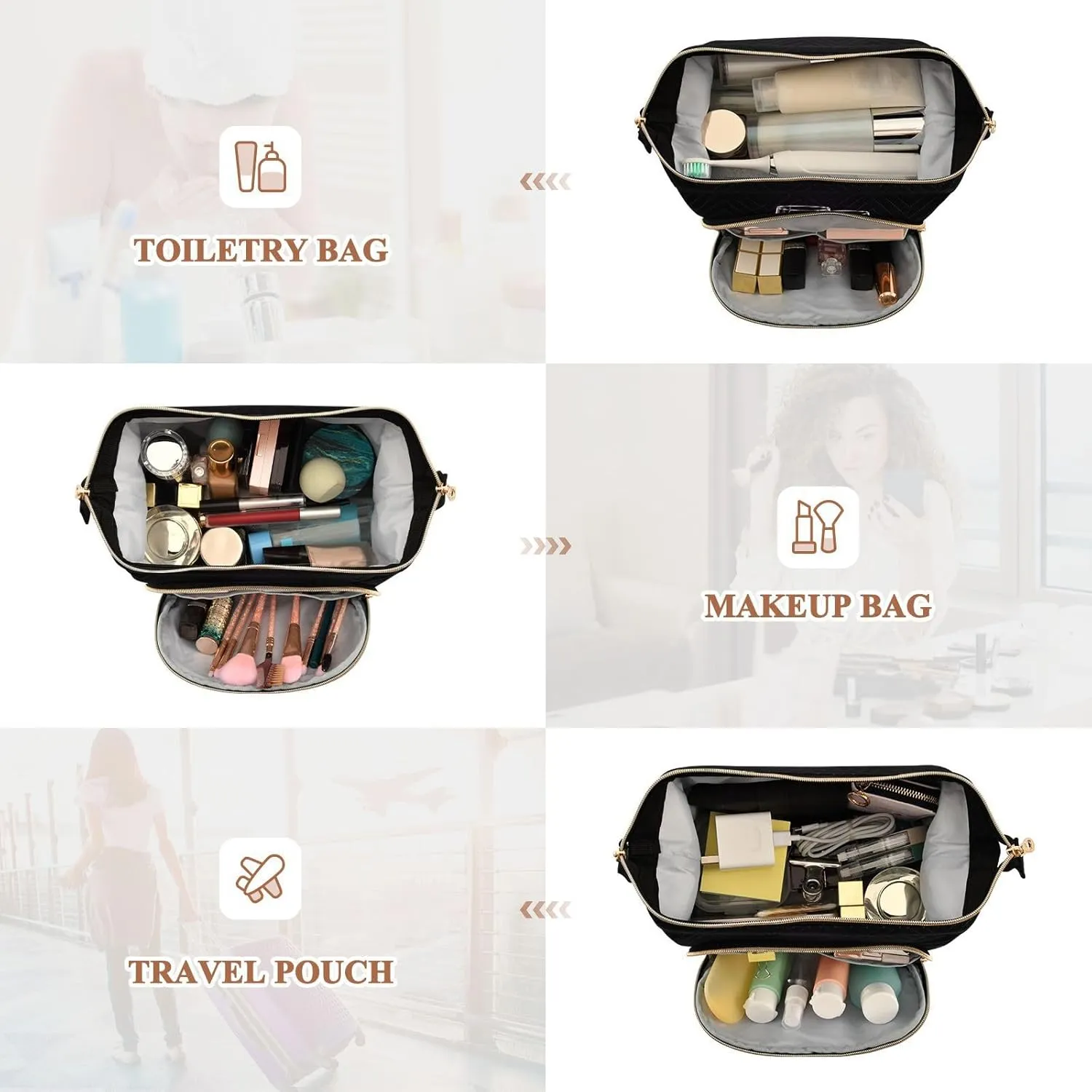 Women Wave Quilt Cosmetic Bag, Storage Pouch Handbag Makeup Case Zipper Toiletry Purse Holder Organizer 10.2x5.9x6.7 in Two Glasses of Red Wine with Red Rose on Dark