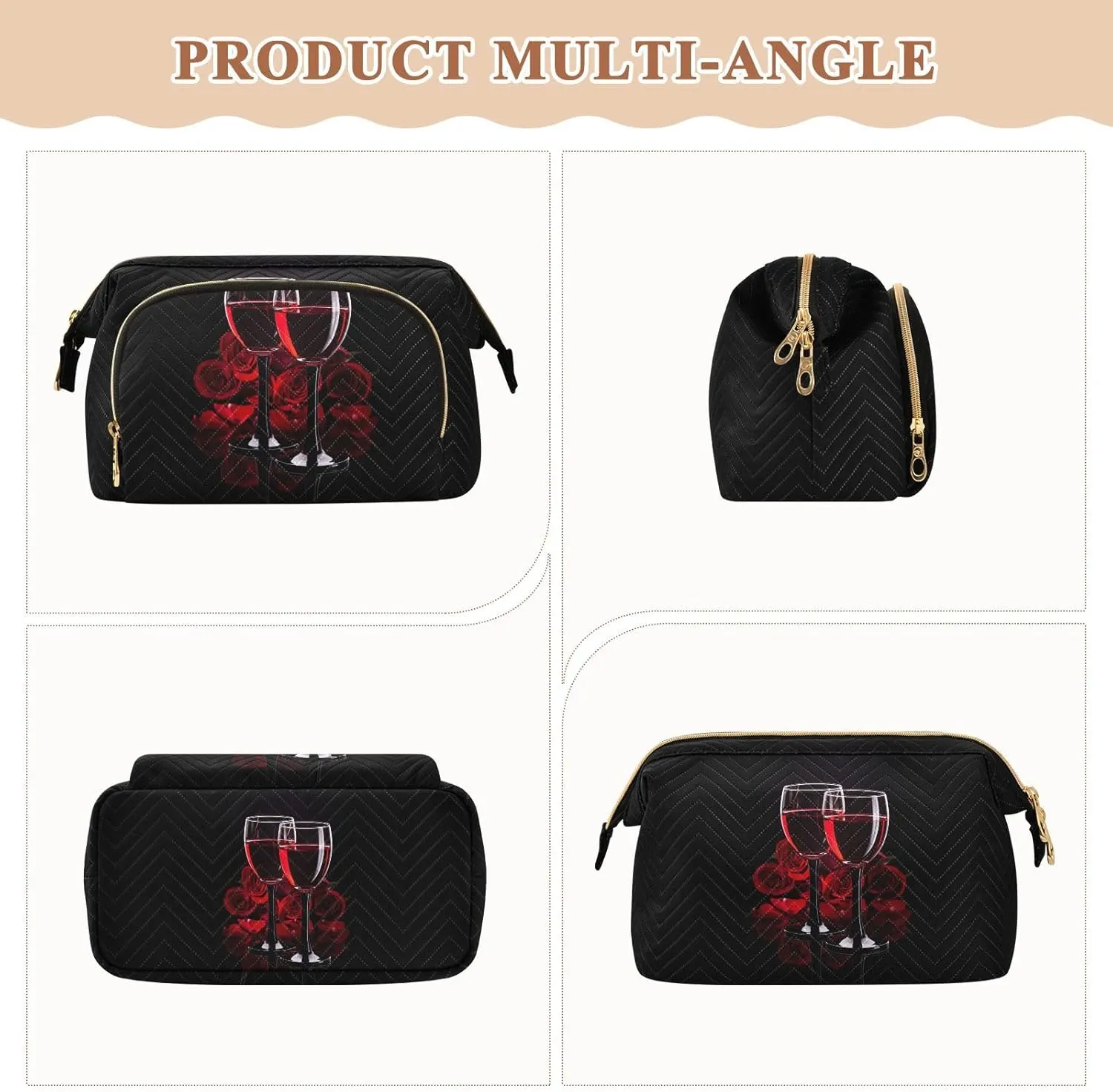 Women Wave Quilt Cosmetic Bag, Storage Pouch Handbag Makeup Case Zipper Toiletry Purse Holder Organizer 10.2x5.9x6.7 in Two Glasses of Red Wine with Red Rose on Dark