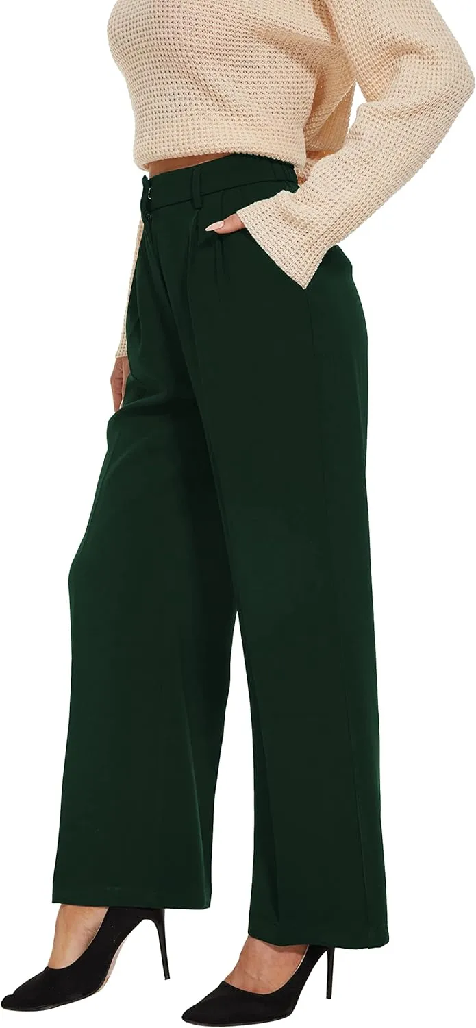 Women Wide Leg High Waist Wide Leg Pants Loose Fit Back Elastic Waist Pleated Front Trousers for Work Casual