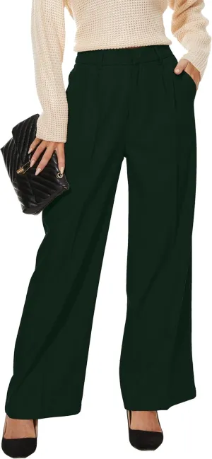 Women Wide Leg High Waist Wide Leg Pants Loose Fit Back Elastic Waist Pleated Front Trousers for Work Casual