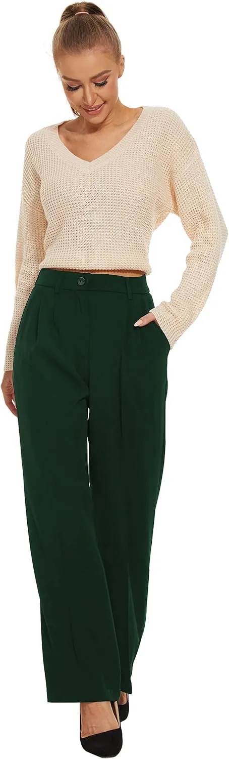 Women Wide Leg High Waist Wide Leg Pants Loose Fit Back Elastic Waist Pleated Front Trousers for Work Casual