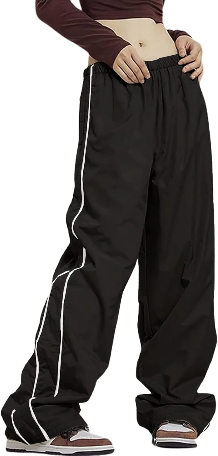 Women Y2K Baggy Track Pants Elastic Waist Wide Leg Parachute Jogger Sweatpants