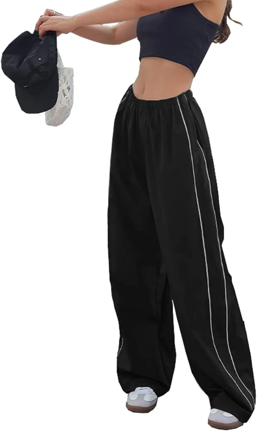 Women Y2K Baggy Track Pants Elastic Waist Wide Leg Parachute Jogger Sweatpants