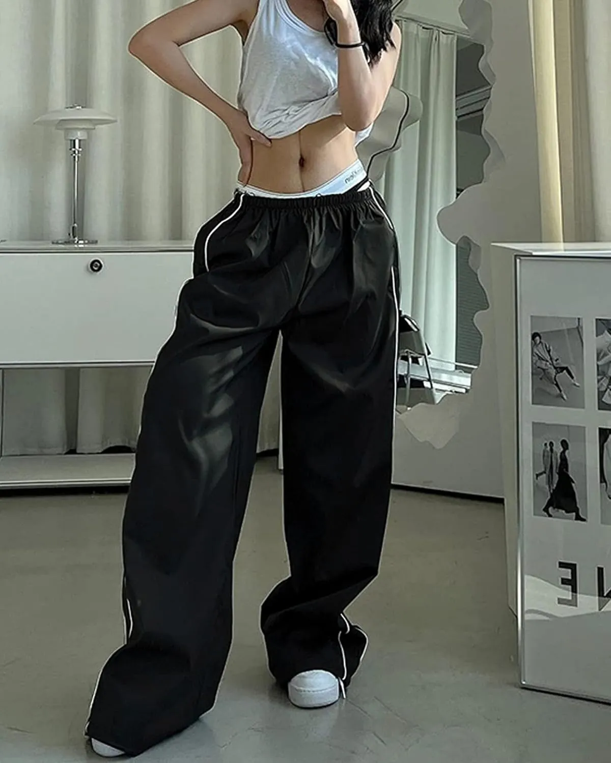 Women Y2K Baggy Track Pants Elastic Waist Wide Leg Parachute Jogger Sweatpants