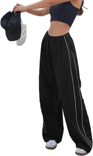 Women Y2K Baggy Track Pants Elastic Waist Wide Leg Parachute Jogger Sweatpants