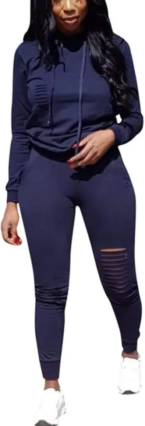 Women's 2 Piece Ripped Tracksuit Set Hoodie Sweatshirt Top Pants Jogging Suit