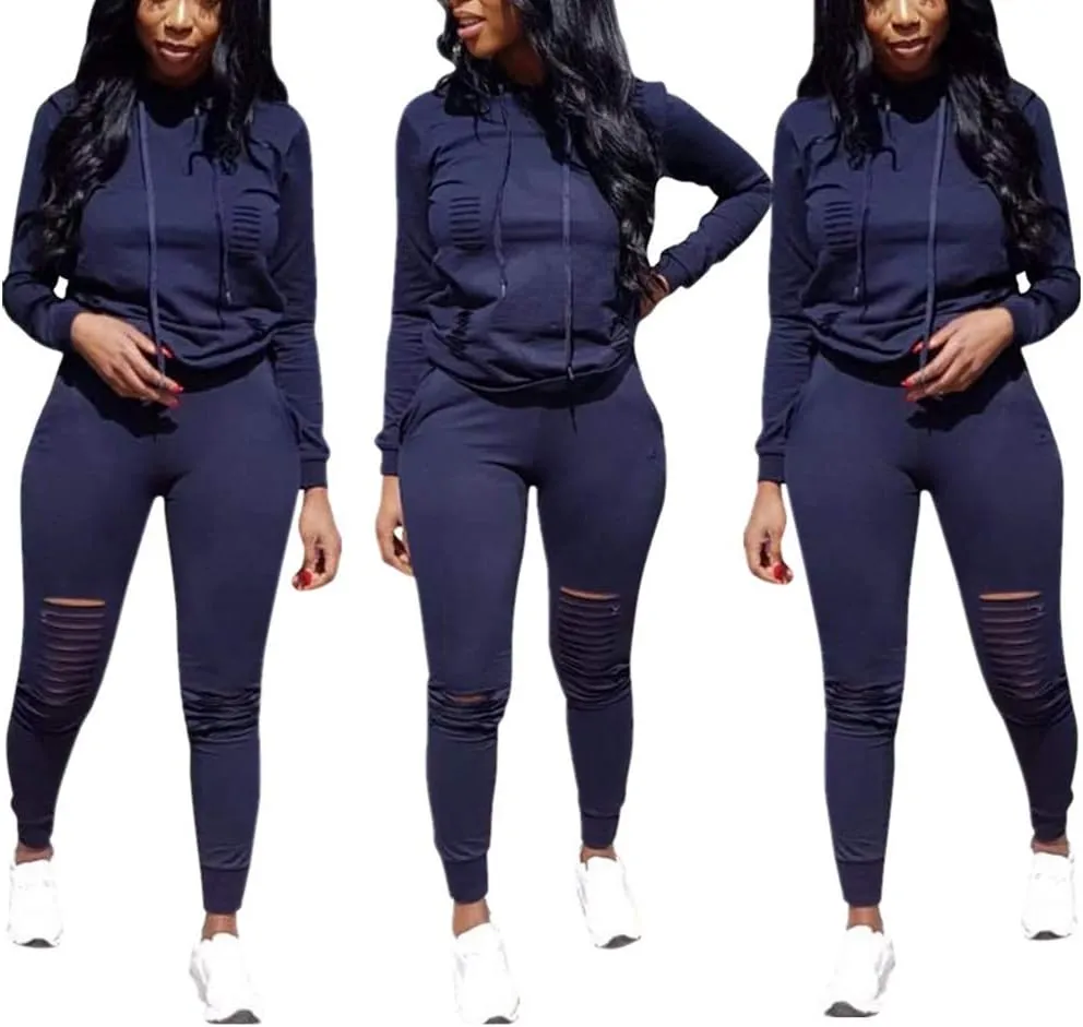 Women's 2 Piece Ripped Tracksuit Set Hoodie Sweatshirt Top Pants Jogging Suit