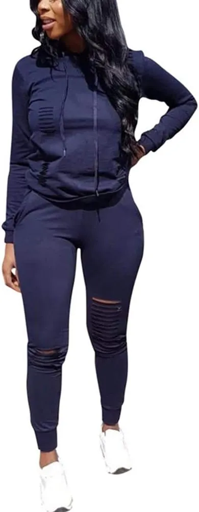 Women's 2 Piece Ripped Tracksuit Set Hoodie Sweatshirt Top Pants Jogging Suit