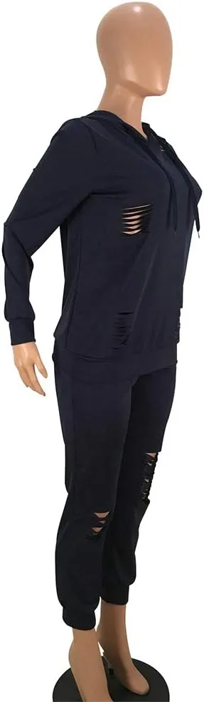 Women's 2 Piece Ripped Tracksuit Set Hoodie Sweatshirt Top Pants Jogging Suit