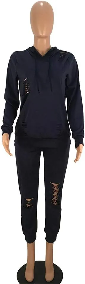 Women's 2 Piece Ripped Tracksuit Set Hoodie Sweatshirt Top Pants Jogging Suit