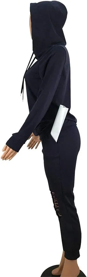 Women's 2 Piece Ripped Tracksuit Set Hoodie Sweatshirt Top Pants Jogging Suit