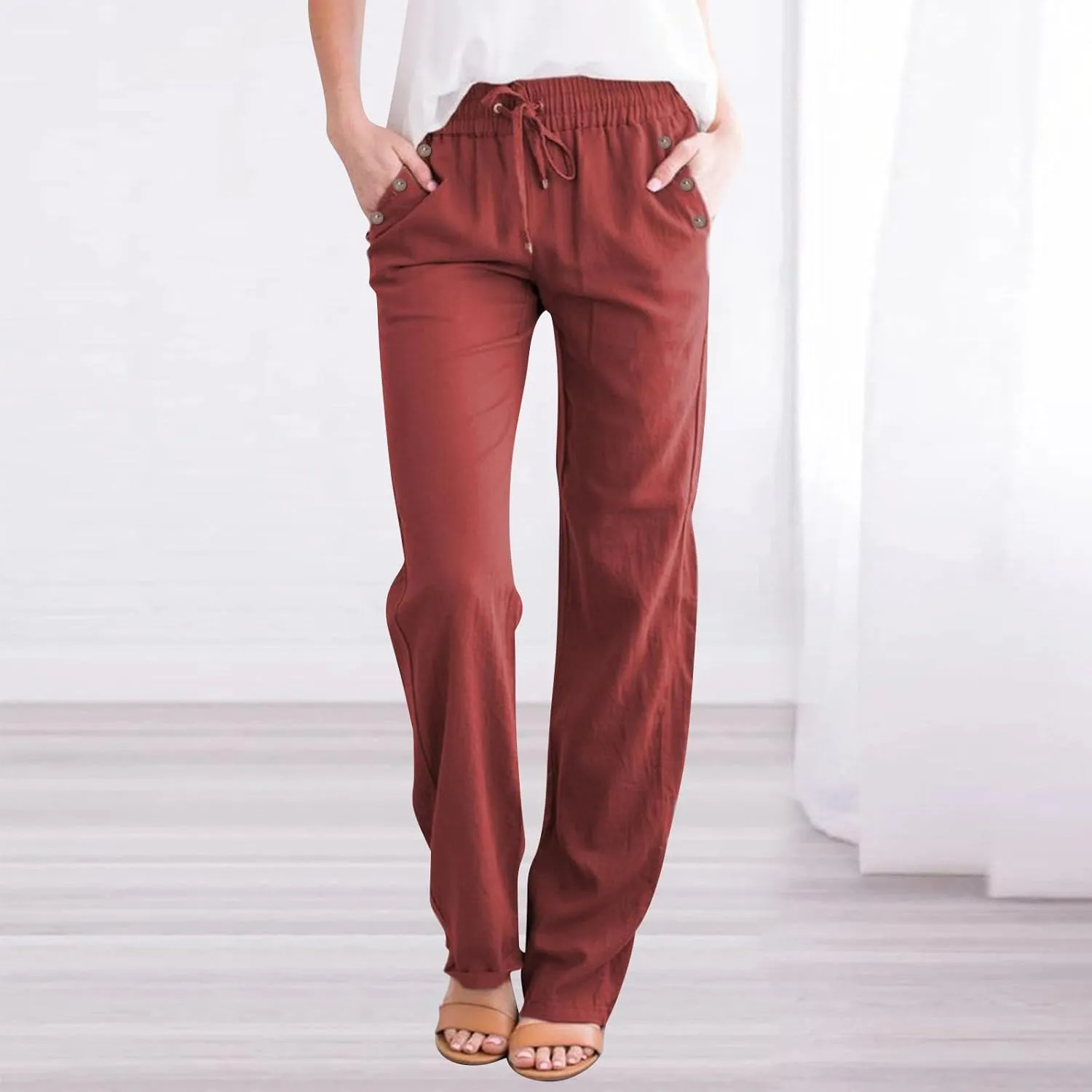 Womens Casual Linen High Waist Pants Drawstring Loose Fit Summer Pants Trousers with Side Pockets