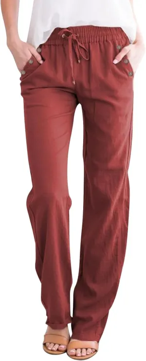 Womens Casual Linen High Waist Pants Drawstring Loose Fit Summer Pants Trousers with Side Pockets