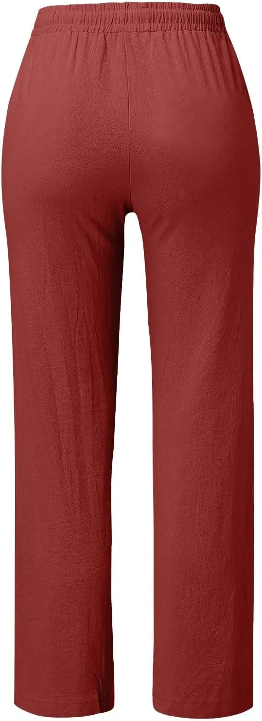Womens Casual Linen High Waist Pants Drawstring Loose Fit Summer Pants Trousers with Side Pockets