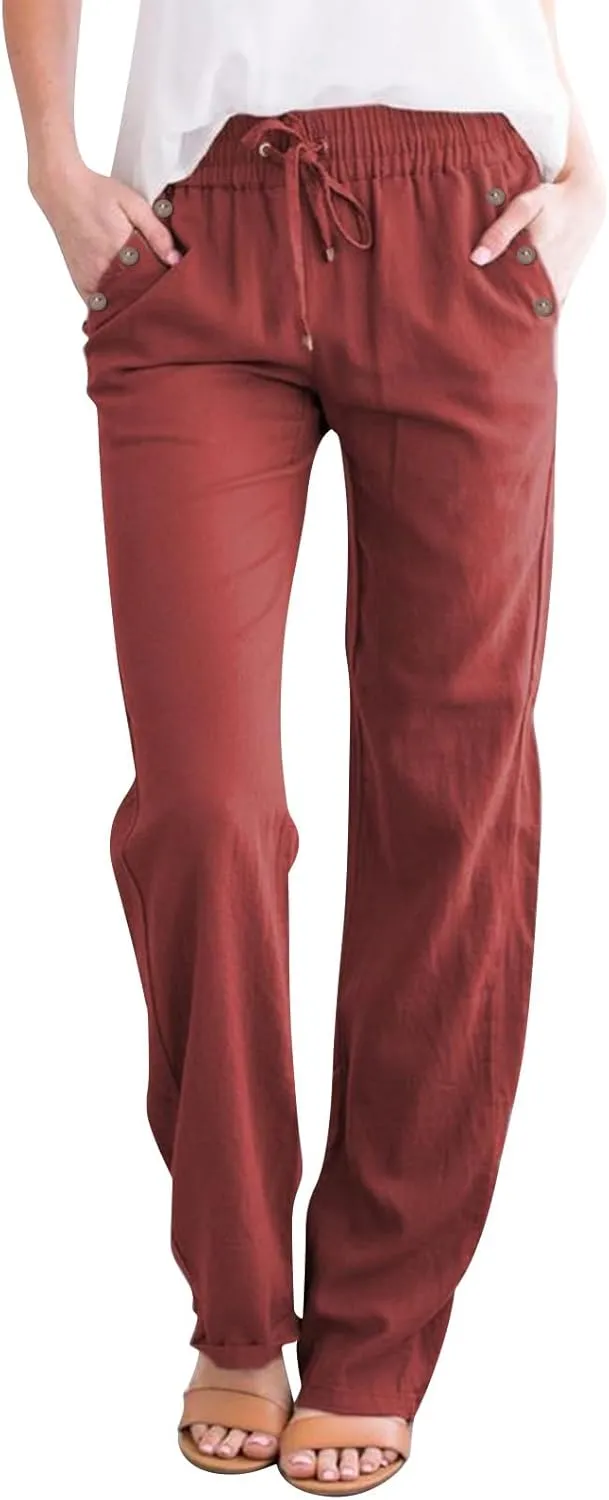 Womens Casual Linen High Waist Pants Drawstring Loose Fit Summer Pants Trousers with Side Pockets
