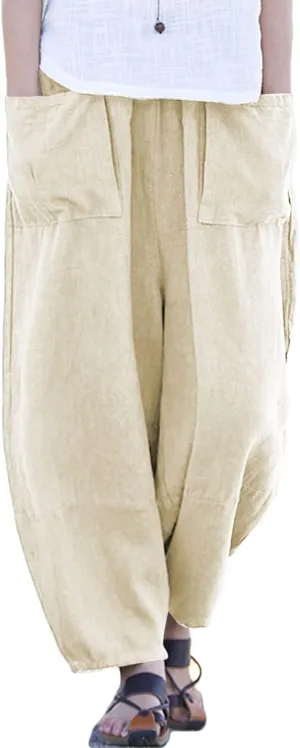 Women's Casual Linen Pants Wide Leg Trousers with Elastic Waist
