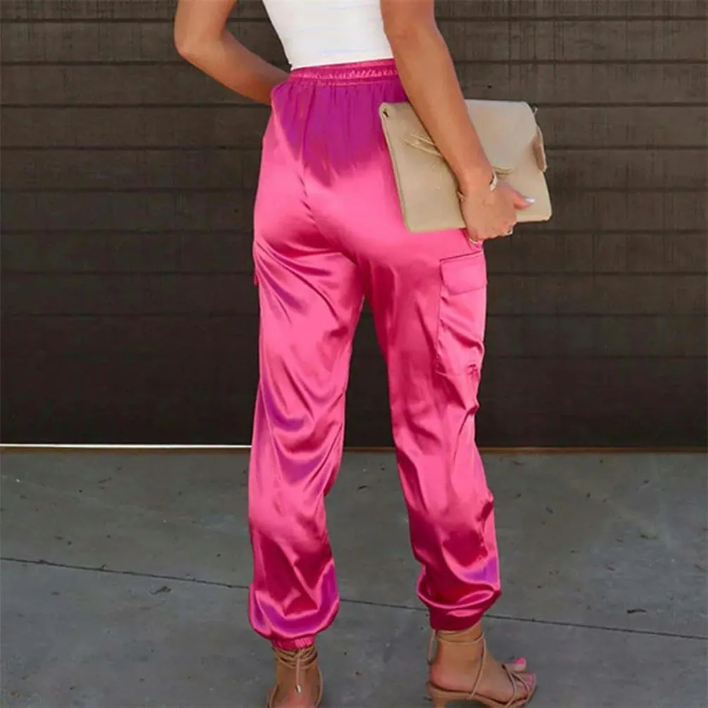Women's Casual Pants Elastic Waist Drawstring Solid Cargo Pants tie Ankle Strap Pocket Satin Sports Pants