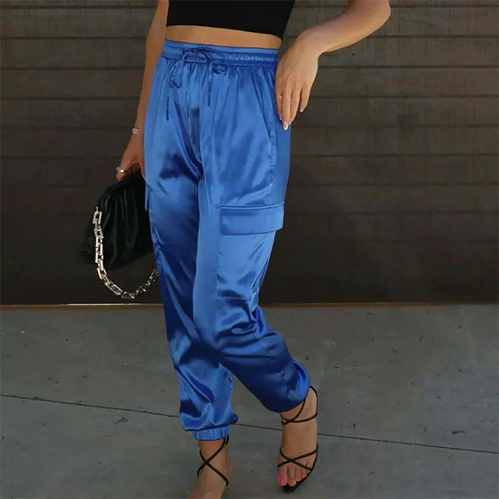 Women's Casual Pants Elastic Waist Drawstring Solid Cargo Pants tie Ankle Strap Pocket Satin Sports Pants
