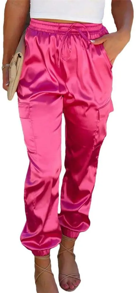 Women's Casual Pants Elastic Waist Drawstring Solid Cargo Pants tie Ankle Strap Pocket Satin Sports Pants