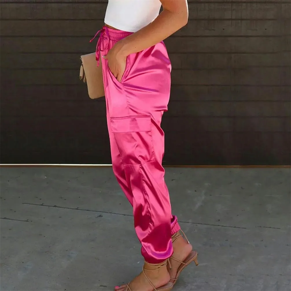 Women's Casual Pants Elastic Waist Drawstring Solid Cargo Pants tie Ankle Strap Pocket Satin Sports Pants