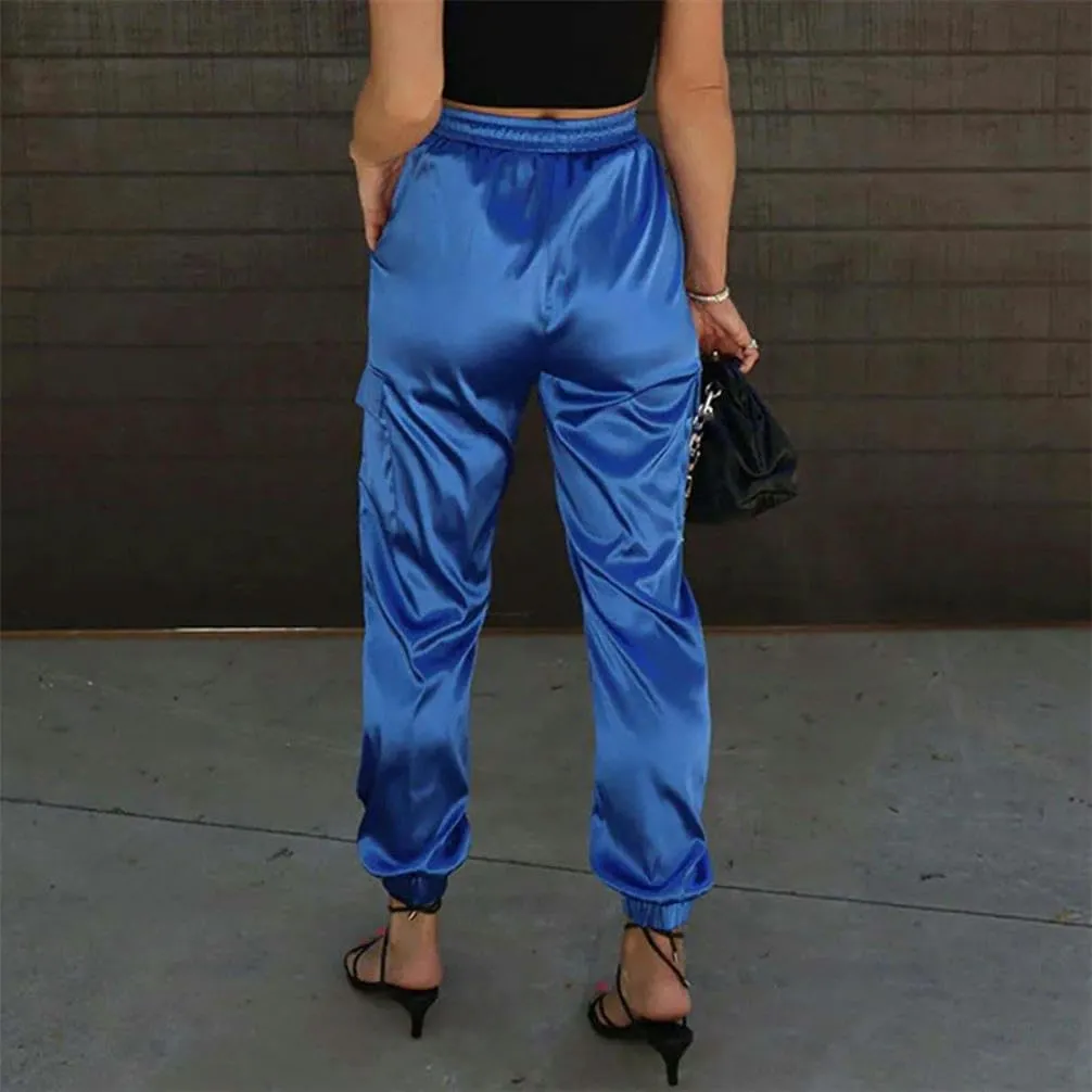 Women's Casual Pants Elastic Waist Drawstring Solid Cargo Pants tie Ankle Strap Pocket Satin Sports Pants