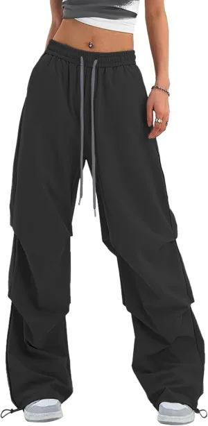 Women's Casual Parachute Pants Baggy Hiking Pants Drawstring Elastic Waist Track Y2K Trousers