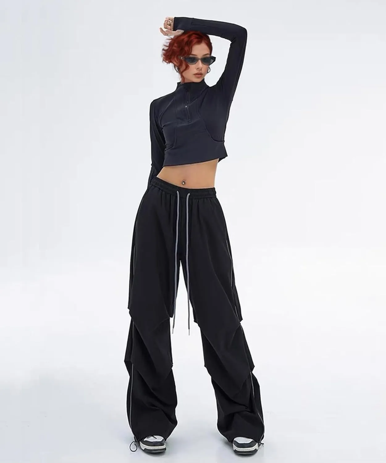 Women's Casual Parachute Pants Baggy Hiking Pants Drawstring Elastic Waist Track Y2K Trousers