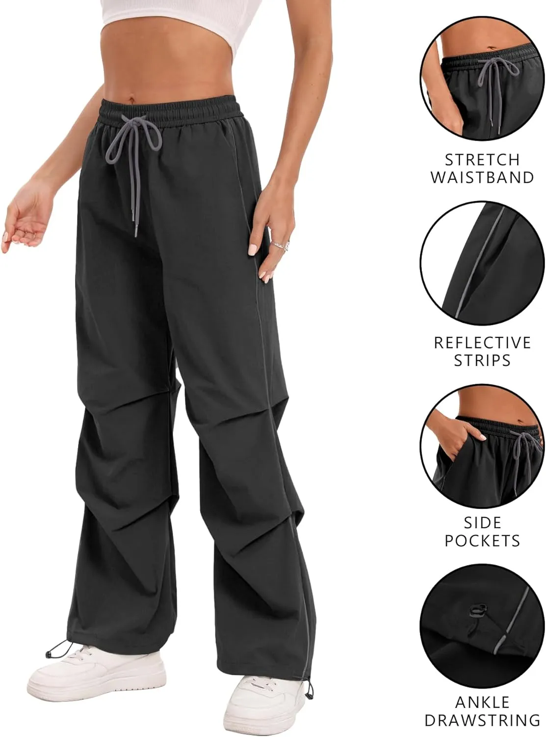 Women's Casual Parachute Pants Baggy Hiking Pants Drawstring Elastic Waist Track Y2K Trousers