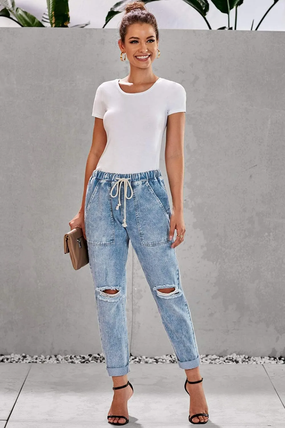 Women’s Casual Pull-on Distressed Stretch Jeans Elastic Waist Jean Denim Joggers Pants