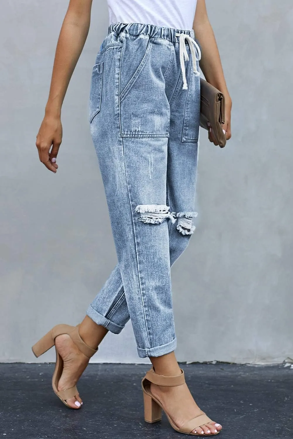 Women’s Casual Pull-on Distressed Stretch Jeans Elastic Waist Jean Denim Joggers Pants