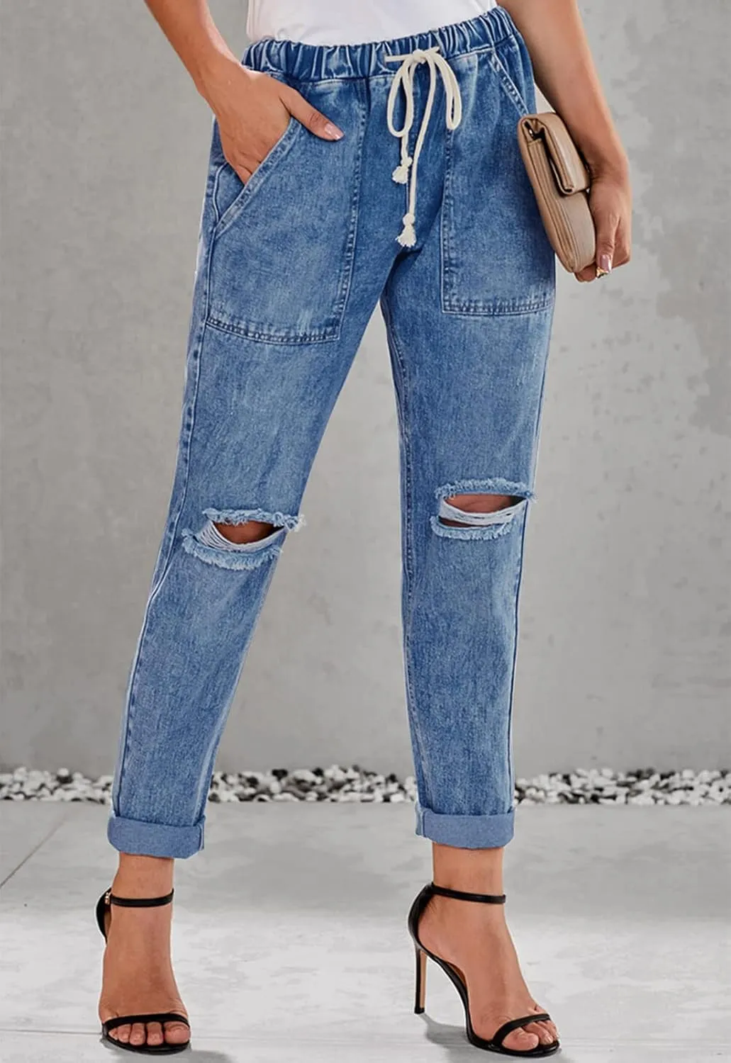 Women’s Casual Pull-on Distressed Stretch Jeans Elastic Waist Jean Denim Joggers Pants
