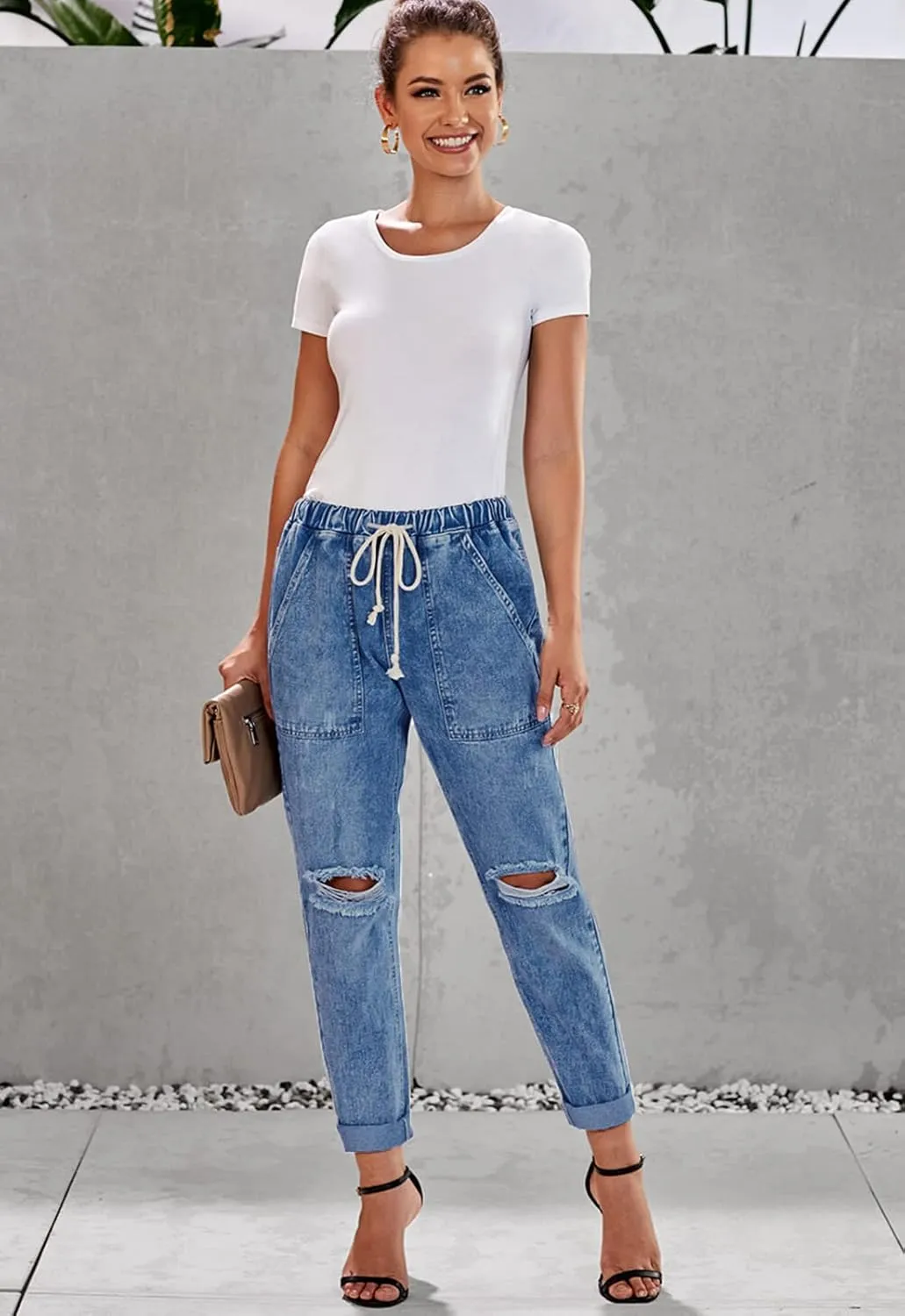 Women’s Casual Pull-on Distressed Stretch Jeans Elastic Waist Jean Denim Joggers Pants