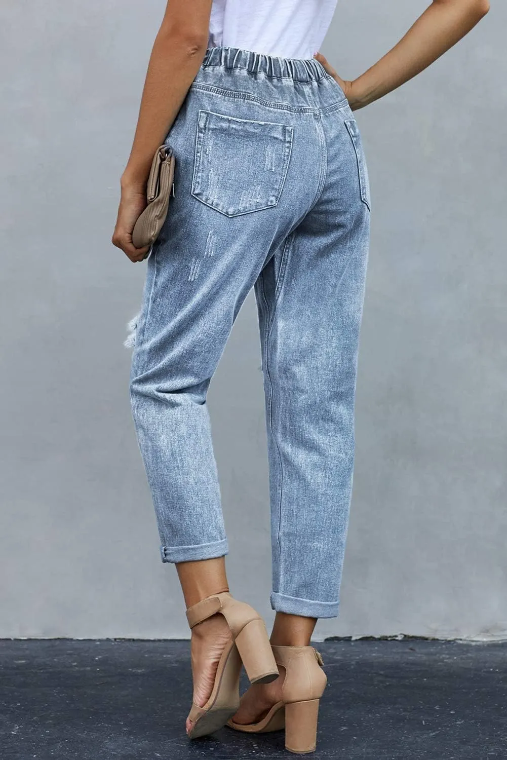Women’s Casual Pull-on Distressed Stretch Jeans Elastic Waist Jean Denim Joggers Pants