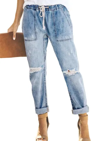 Women’s Casual Pull-on Distressed Stretch Jeans Elastic Waist Jean Denim Joggers Pants