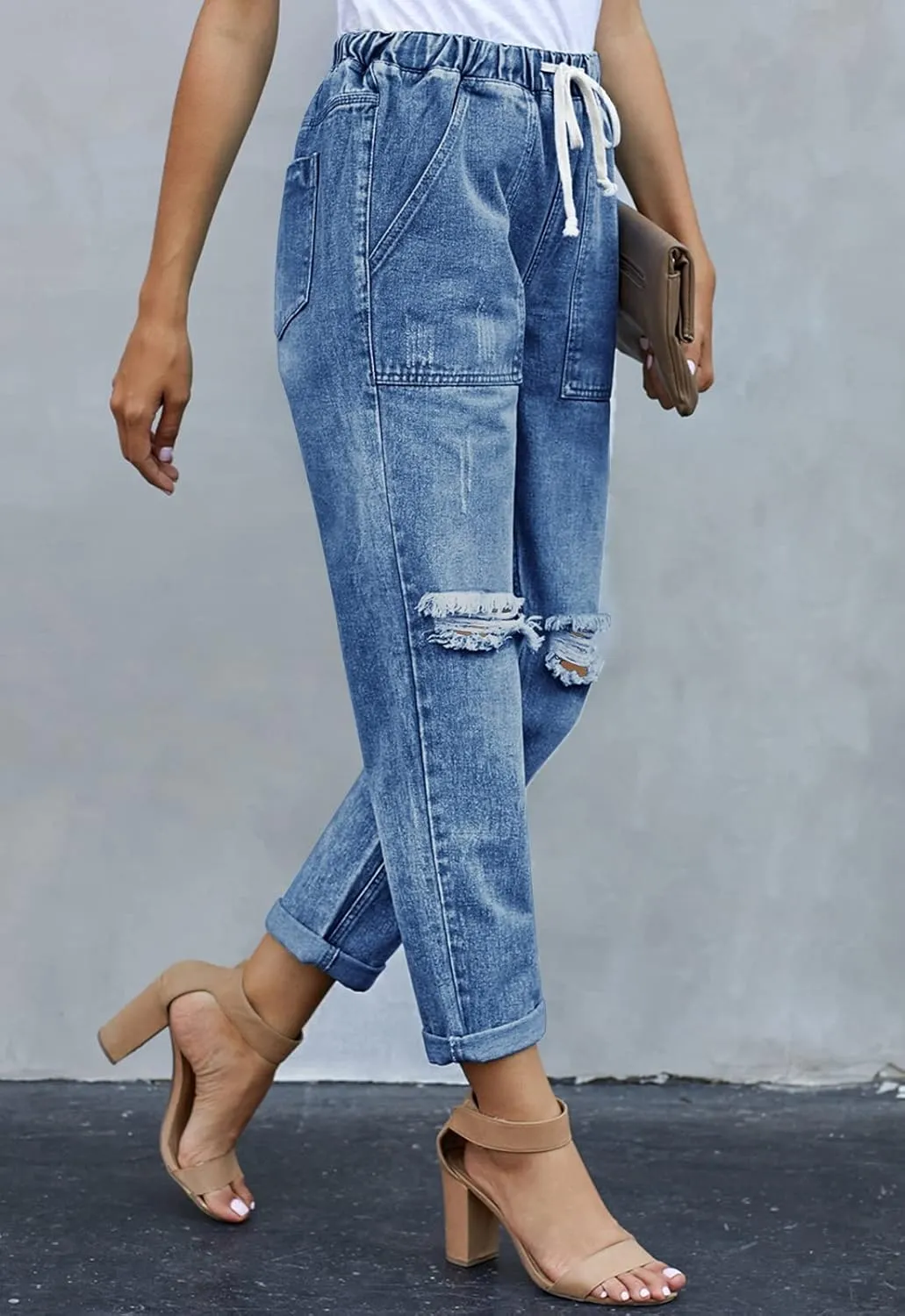 Women’s Casual Pull-on Distressed Stretch Jeans Elastic Waist Jean Denim Joggers Pants